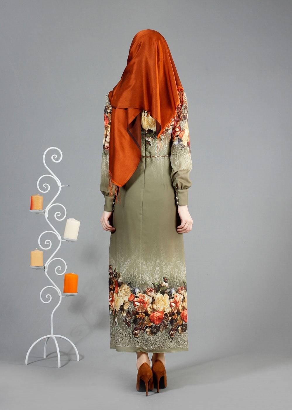 Hijab clothing KHAKI FLORAL PRINTED DRESS 4035