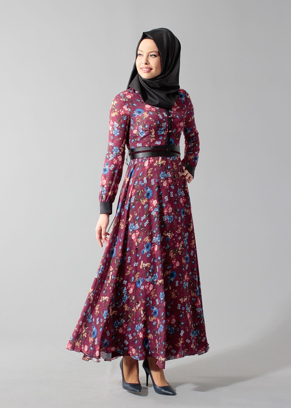 Hijab clothing CLARET RED ALVINA FLORAL PATTERNED DRESS T 4059