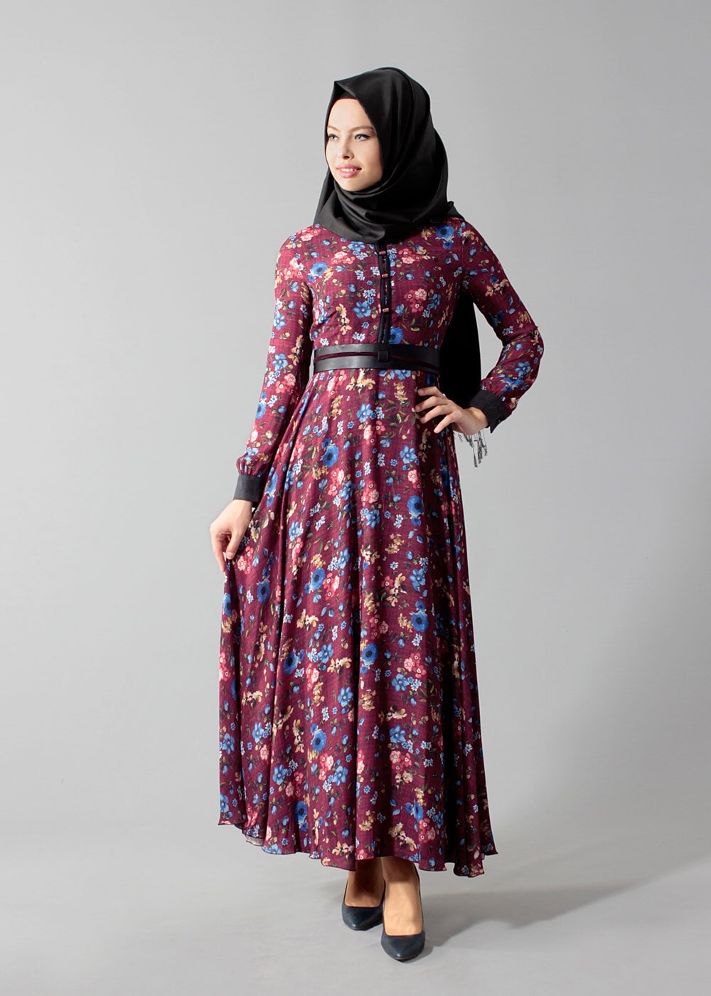 Hijab clothing CLARET RED ALVINA FLORAL PATTERNED DRESS T 4059