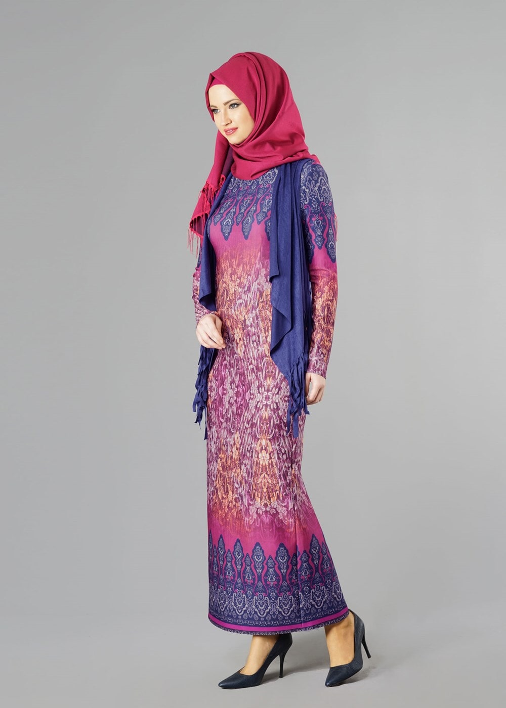 Tesettür giyim FUŞYA 4149 ELBİSE