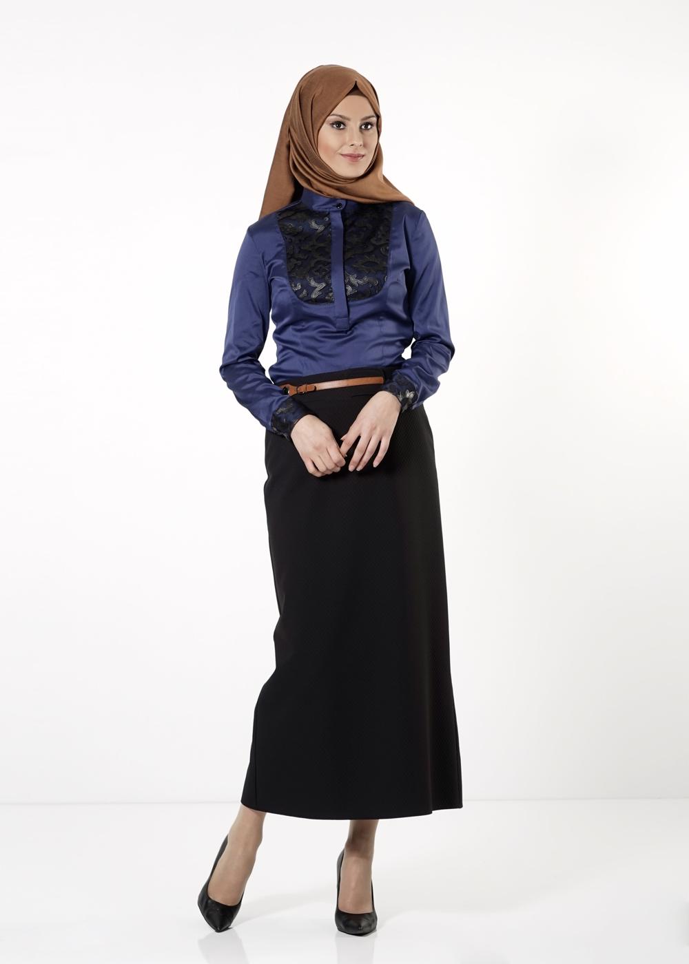 Tesettür giyim SİYAH DERİ DETAYLI KALEM ETEK 6772 