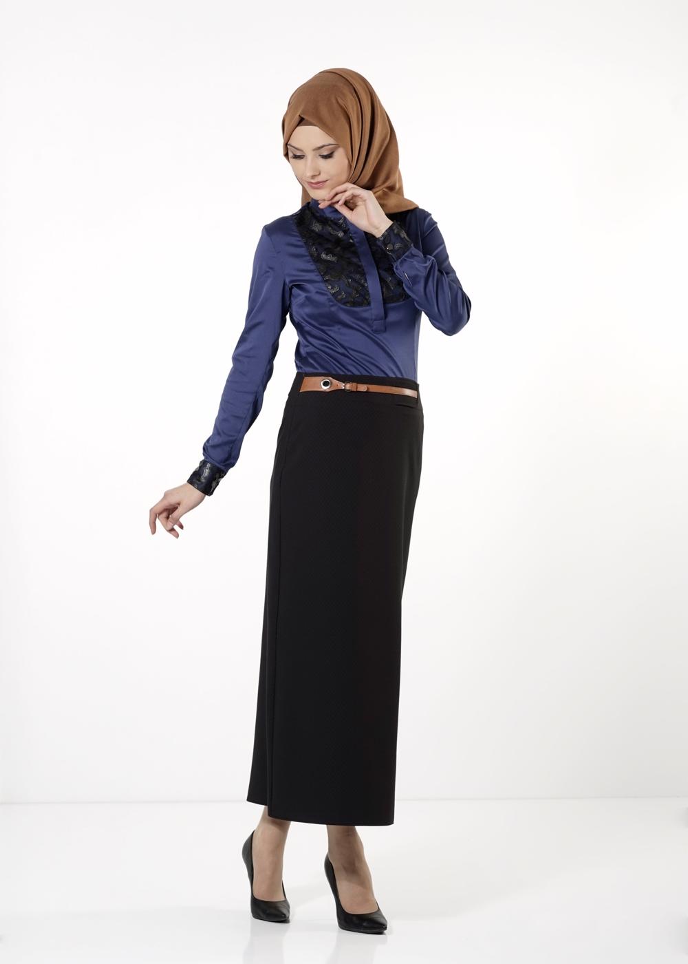 Tesettür giyim SİYAH DERİ DETAYLI KALEM ETEK 6772 