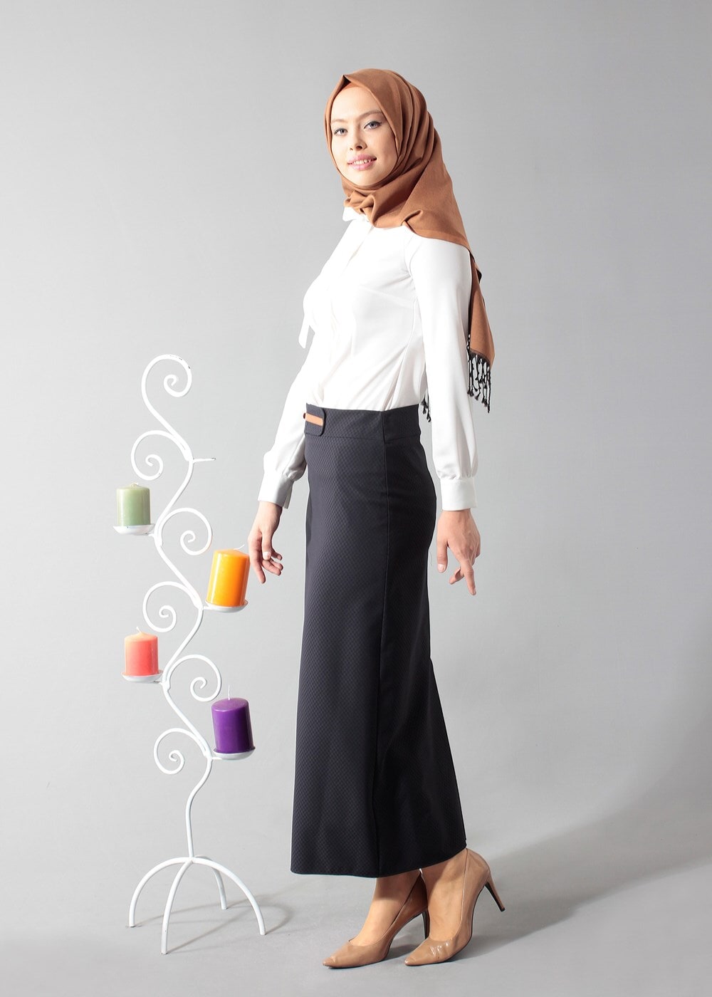 Tesettür giyim LACİVERT DERİ DETAYLI KALEM ETEK 6772 