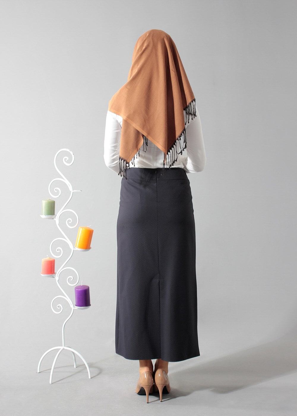 Tesettür giyim LACİVERT DERİ DETAYLI KALEM ETEK 6772 