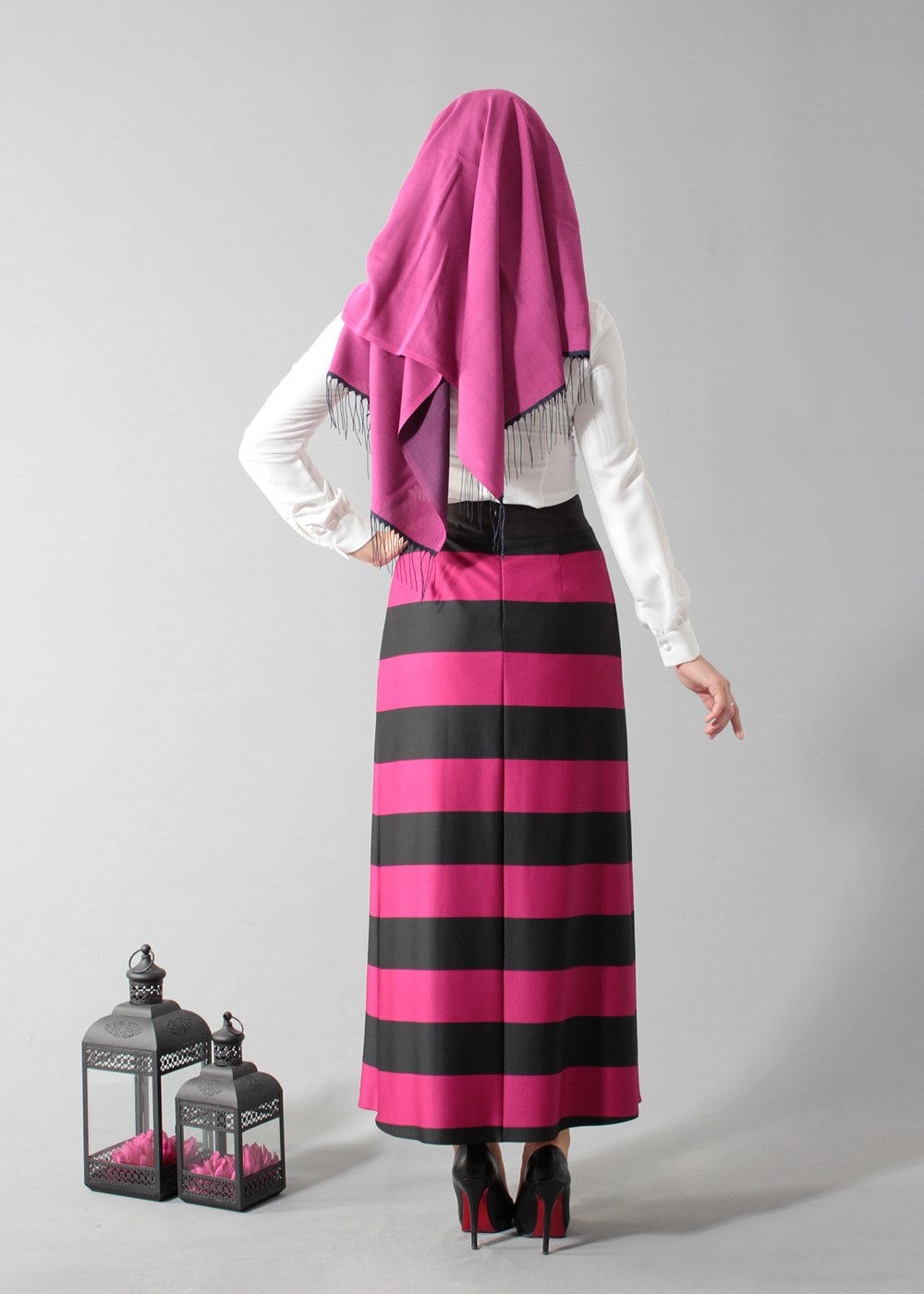 Hijab clothing FUCHSIA STRIPPED FLARE SKIRT 6785 