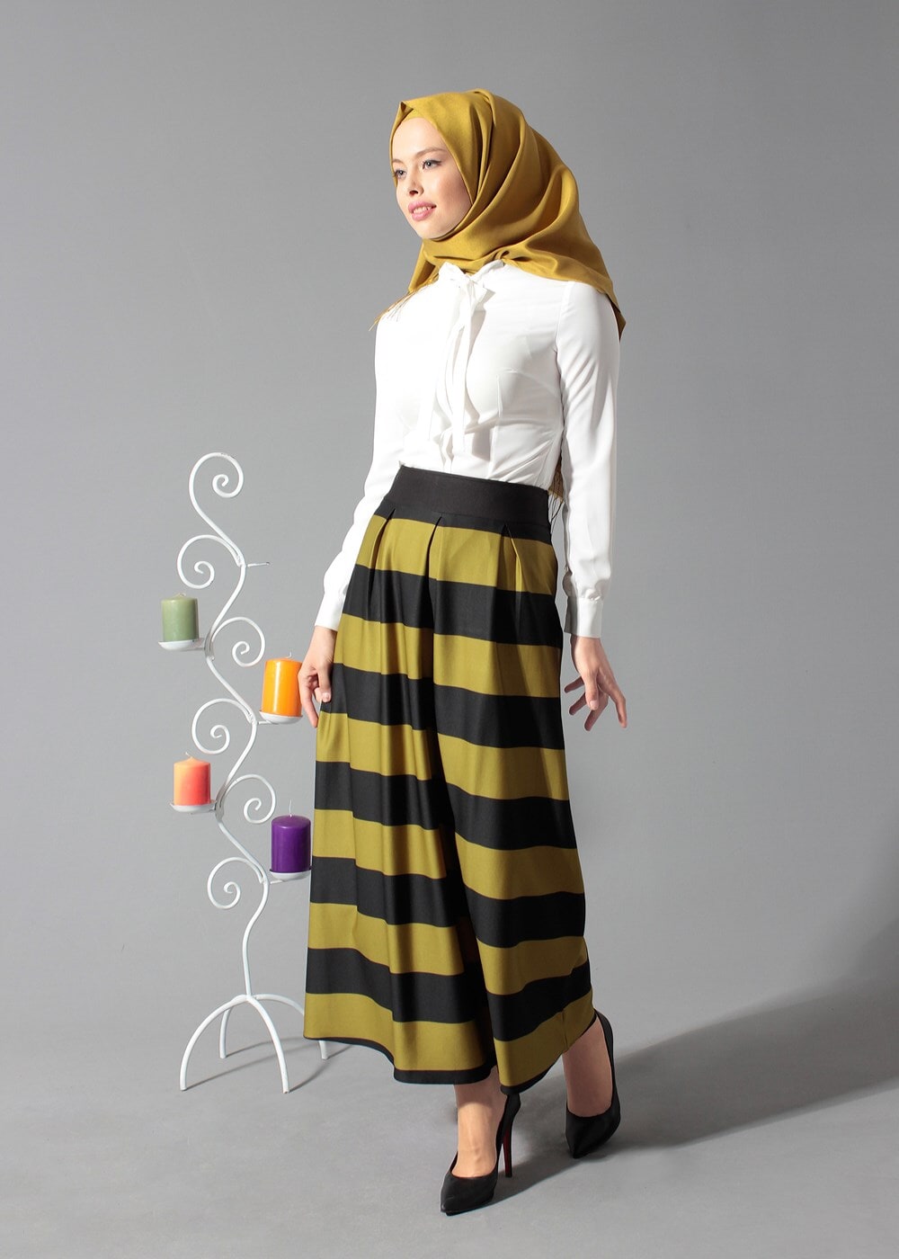 Hijab clothing GREEN STRIPPED FLARE SKIRT 6785 