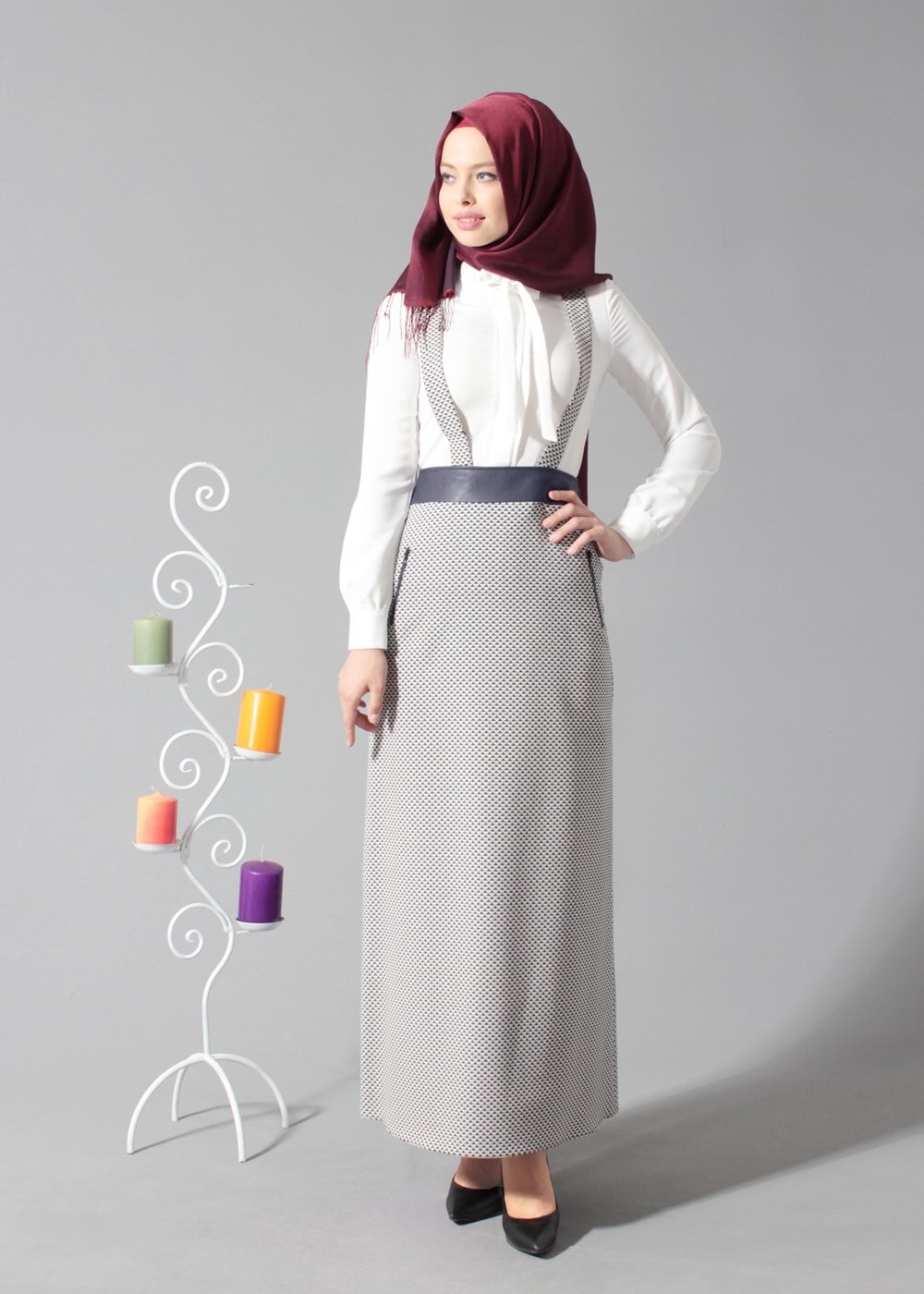 Tesettür giyim LACİVERT DÜZ KESİM KEMERLİ ETEK 6802 