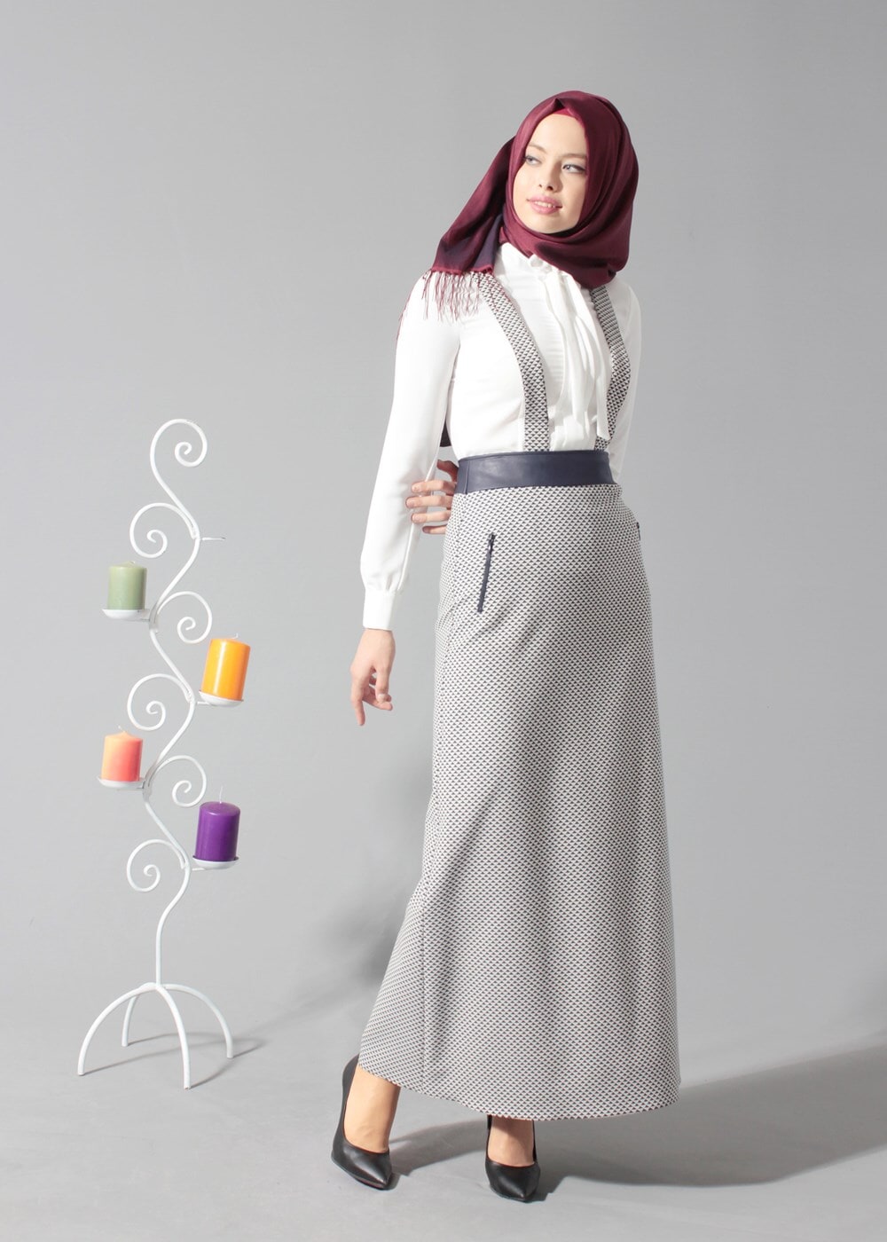 Tesettür giyim LACİVERT DÜZ KESİM KEMERLİ ETEK 6802 