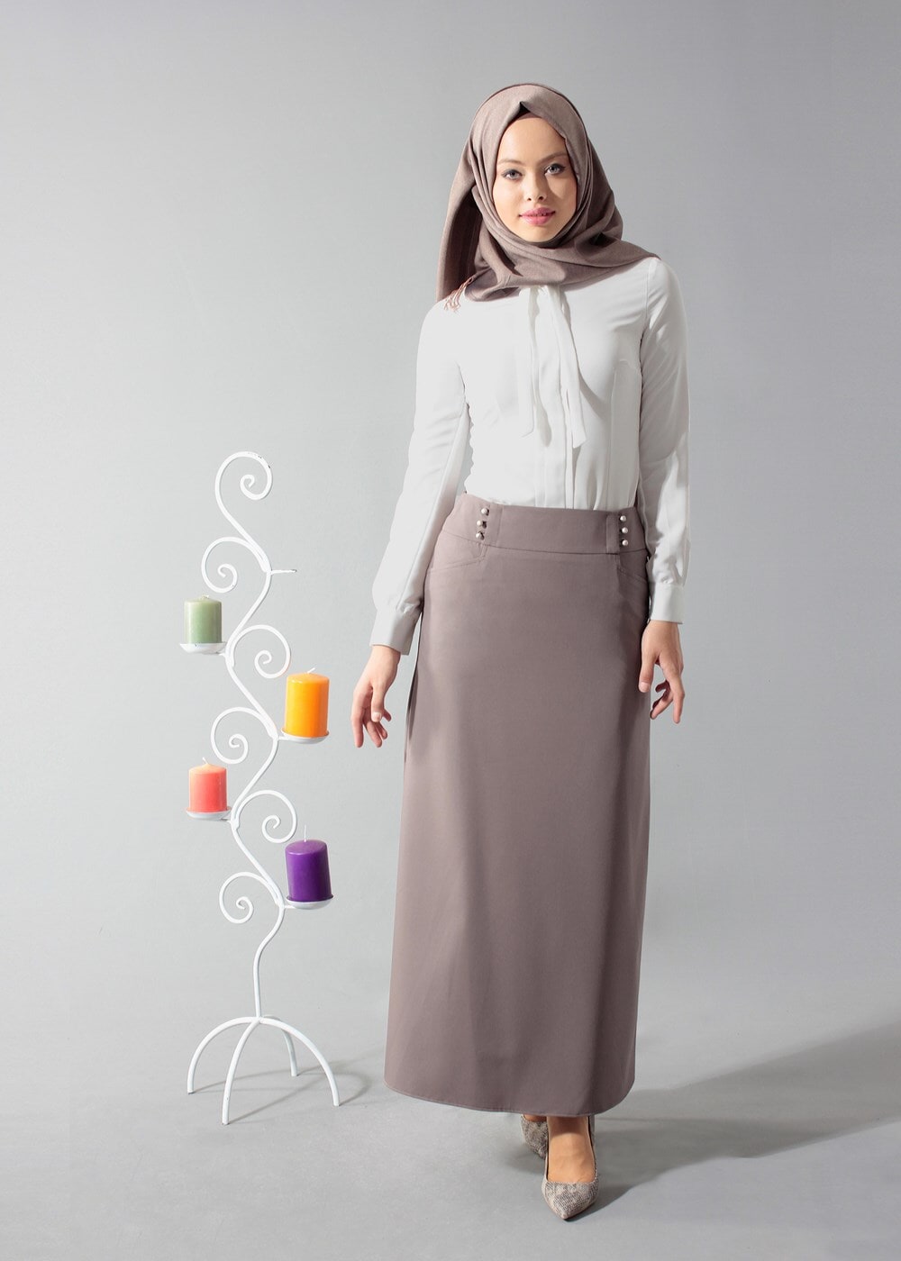 Tesettür giyim VİZON ALVİNA DÜZ KESİM ETEK T 6810