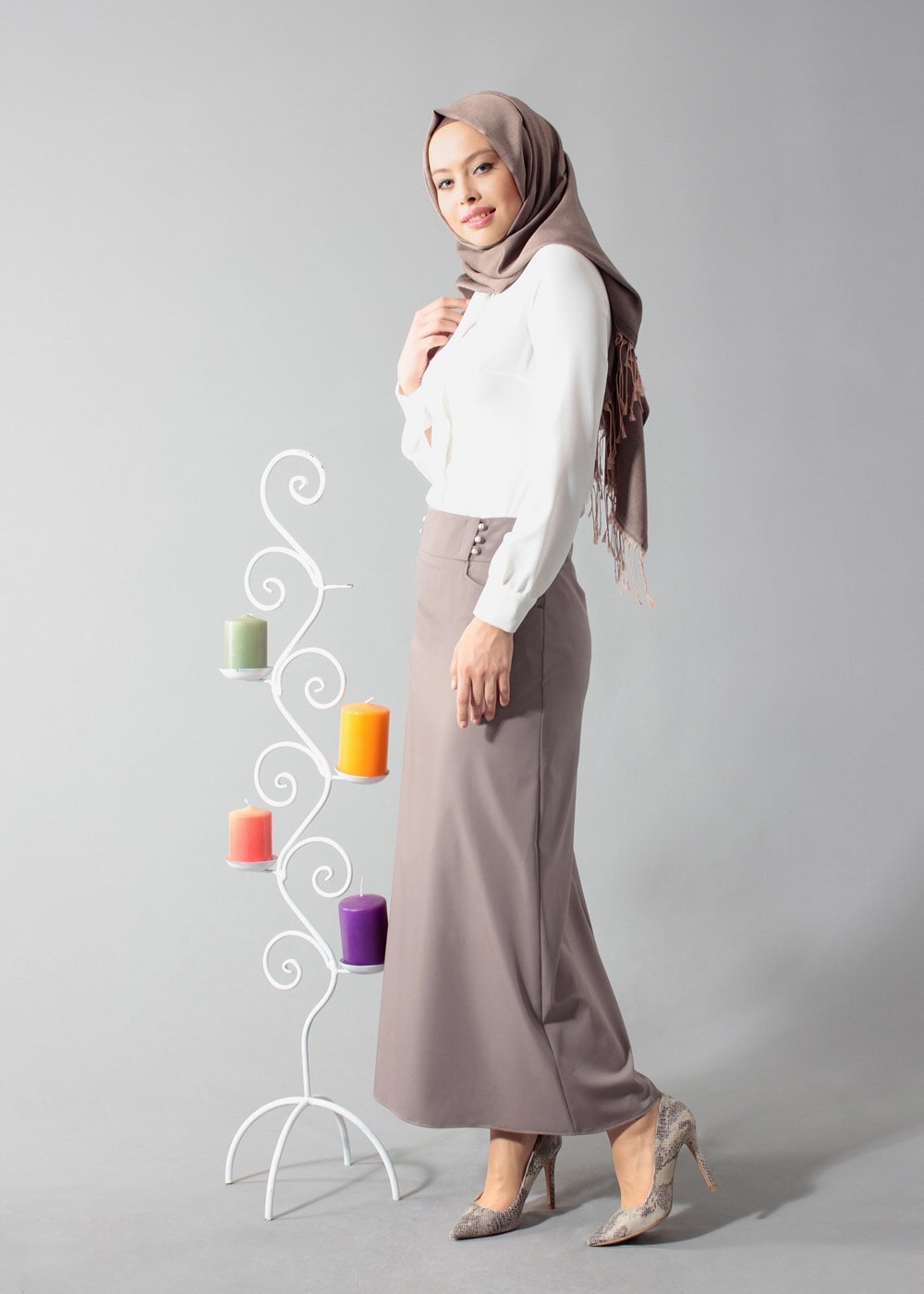 Tesettür giyim VİZON ALVİNA DÜZ KESİM ETEK T 6810