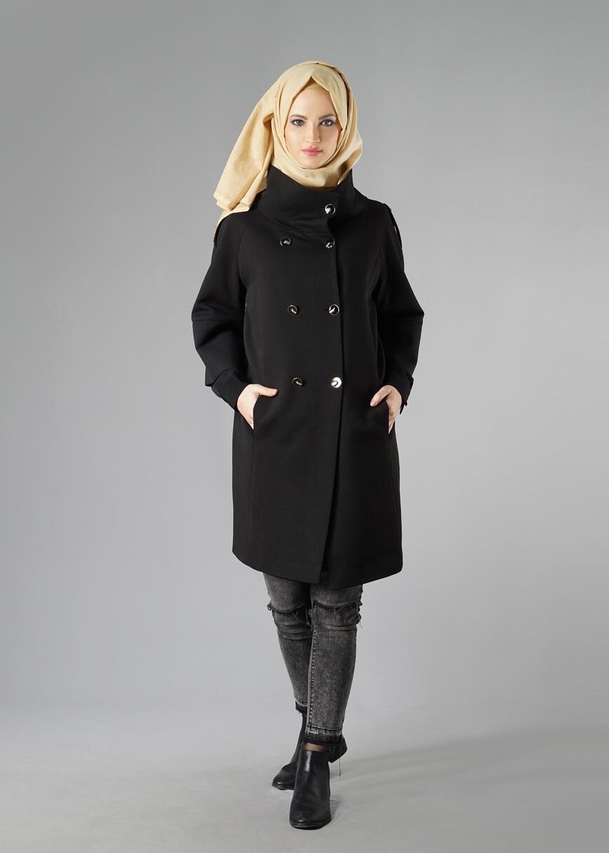 Tesettür giyim SİYAH TRUVAKAR KOL DÜĞMELİ TRENÇKOT 9265