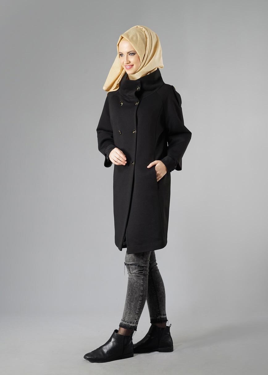 Tesettür giyim SİYAH TRUVAKAR KOL DÜĞMELİ TRENÇKOT 9265