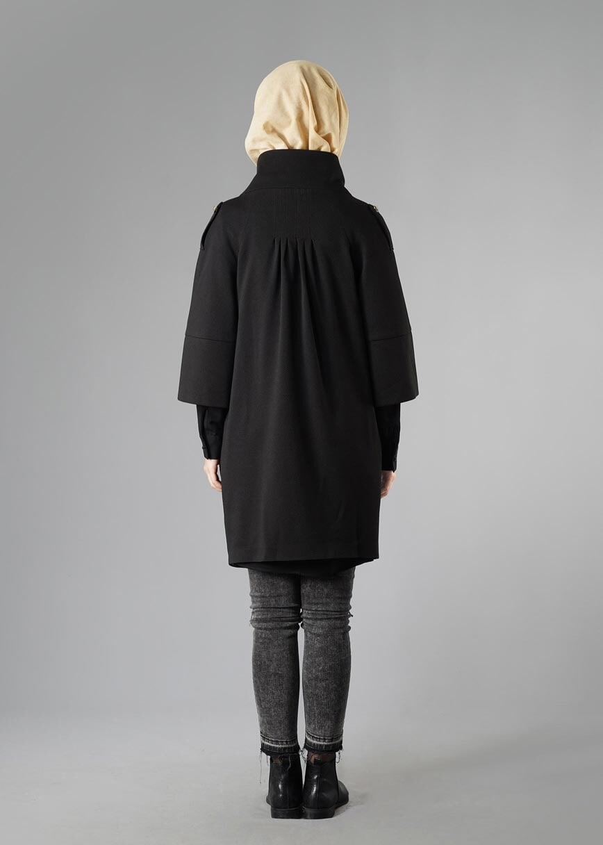 Tesettür giyim SİYAH TRUVAKAR KOL DÜĞMELİ TRENÇKOT 9265