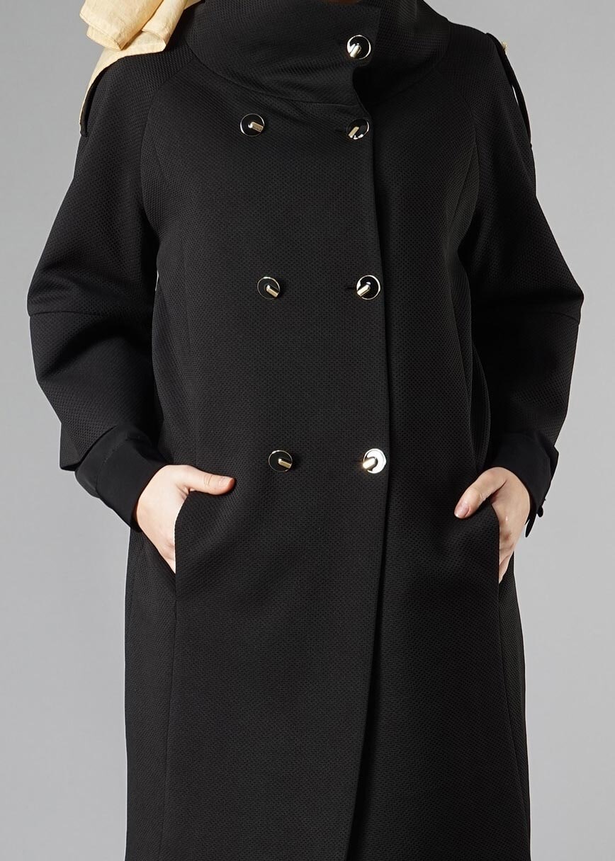 Tesettür giyim SİYAH TRUVAKAR KOL DÜĞMELİ TRENÇKOT 9265