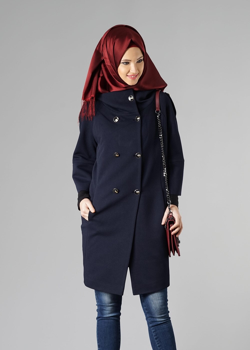 Tesettür giyim LACİVERT TRUVAKAR KOL DÜĞMELİ TRENÇKOT 9265