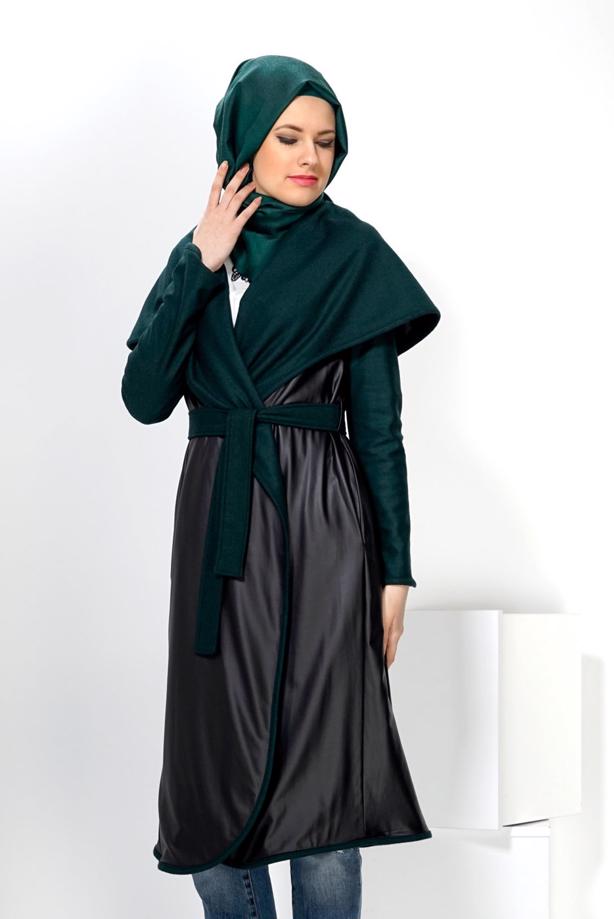 Vêtements hijab  LEATHER DETAIL BELTED COAT 9313 - TRENDTESETTÜR