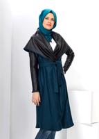 Tesettür giyim MAVİ DERİ DETAYLI KUŞAKLI KABAN 9313