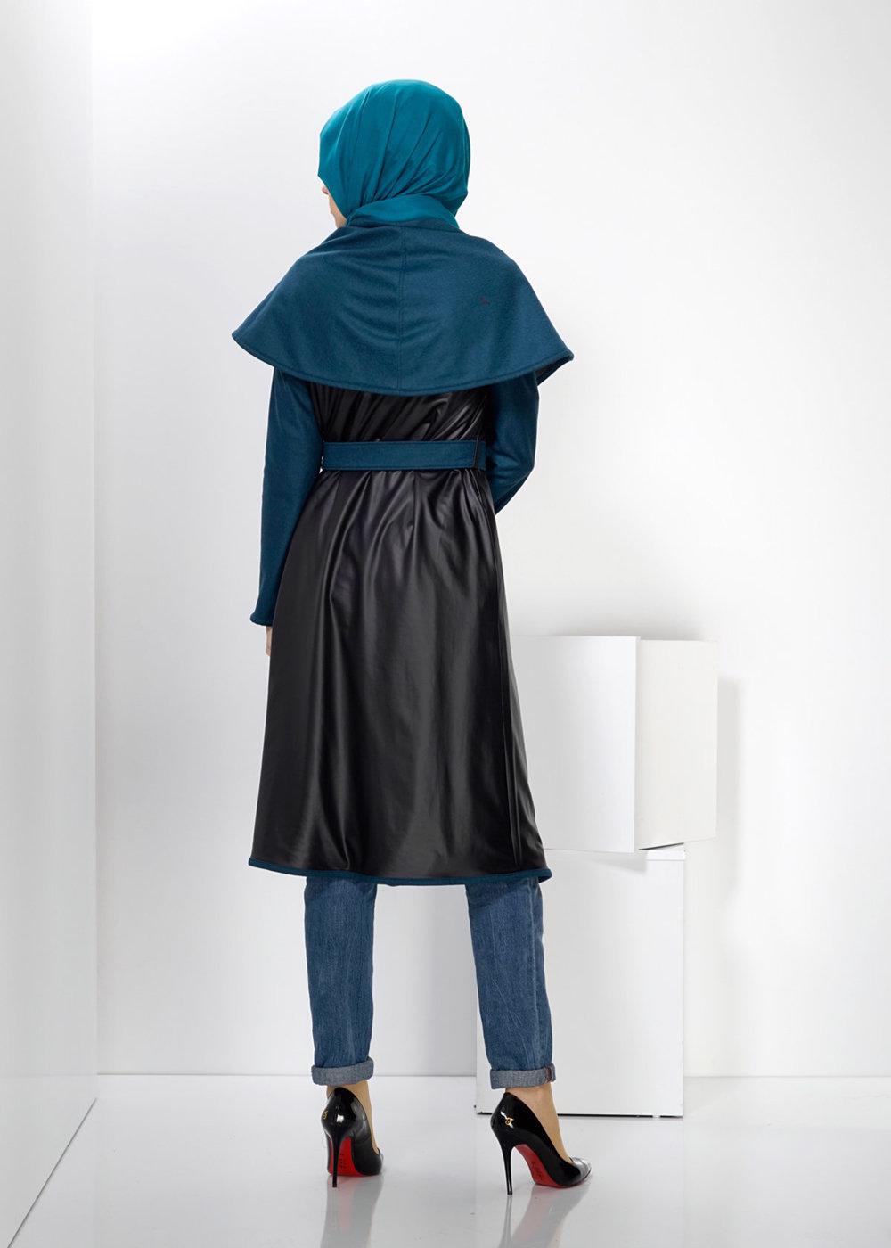 Tesettür giyim MAVİ DERİ DETAYLI KUŞAKLI KABAN 9313