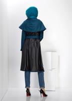 Tesettür giyim MAVİ DERİ DETAYLI KUŞAKLI KABAN 9313