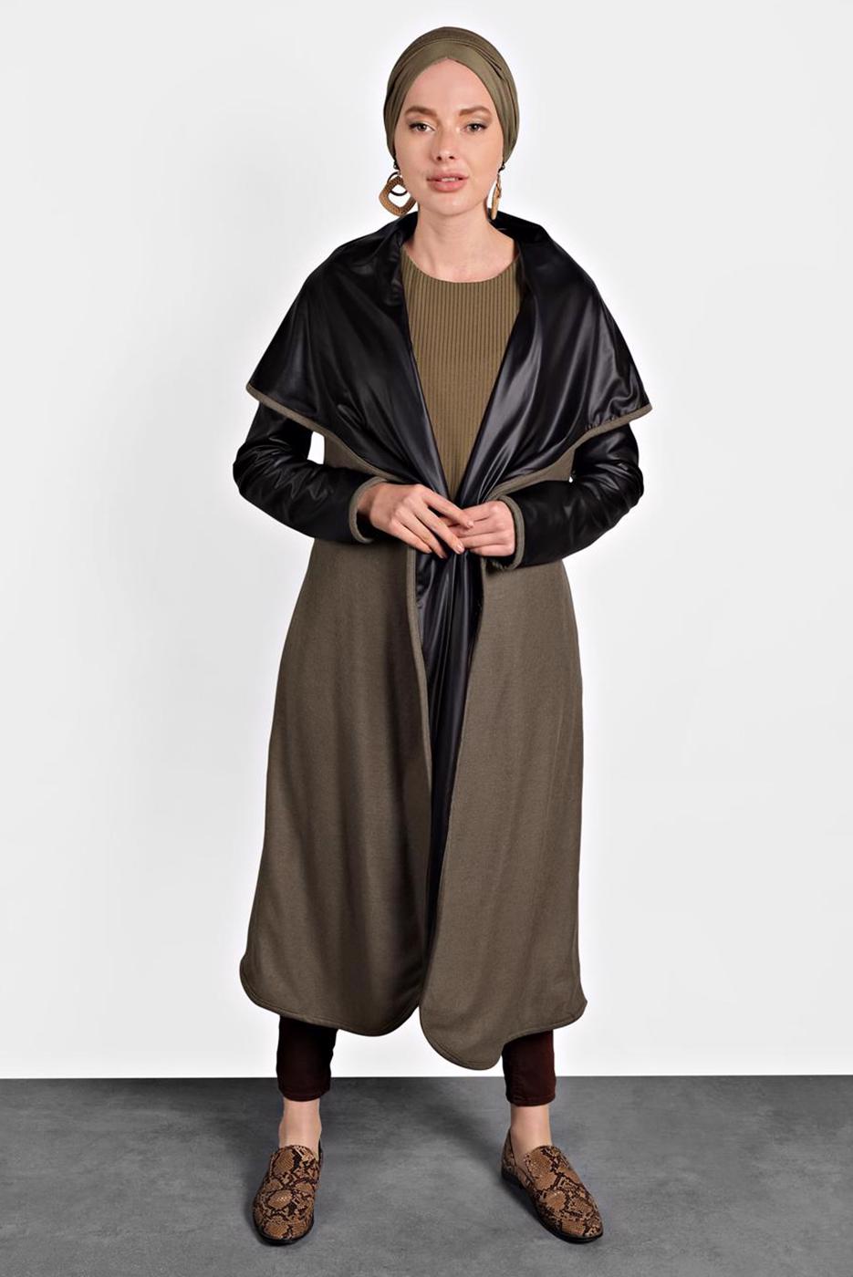 Tesettür giyim VİZON DERİ DETAYLI KUŞAKLI KABAN 9313