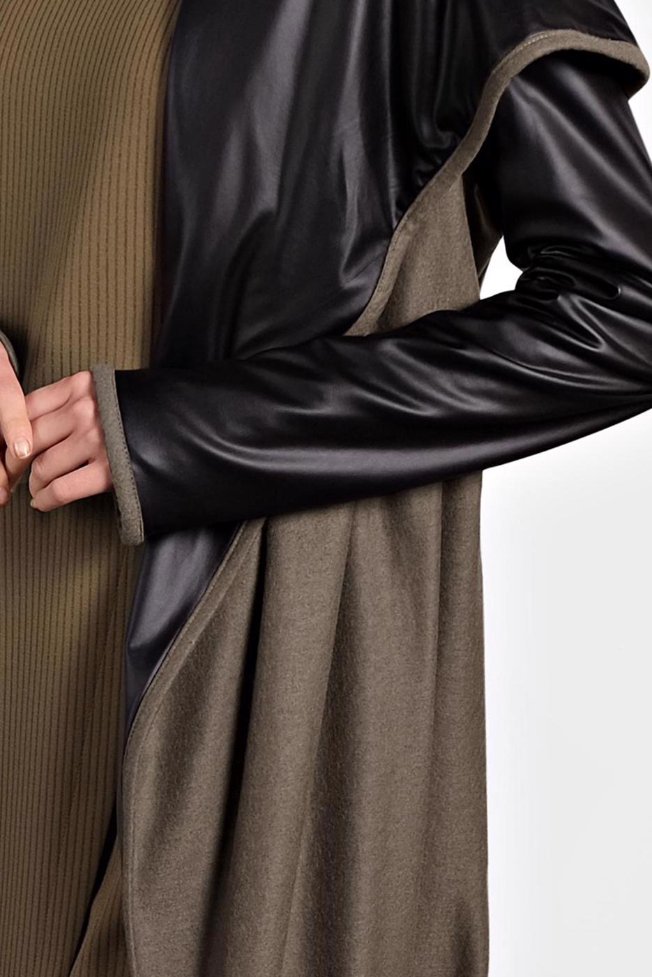 Tesettür giyim VİZON DERİ DETAYLI KUŞAKLI KABAN 9313