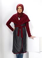 Tesettür giyim BORDO DERİ DETAYLI KUŞAKLI KABAN 9313