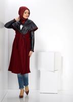 Tesettür giyim BORDO DERİ DETAYLI KUŞAKLI KABAN 9313