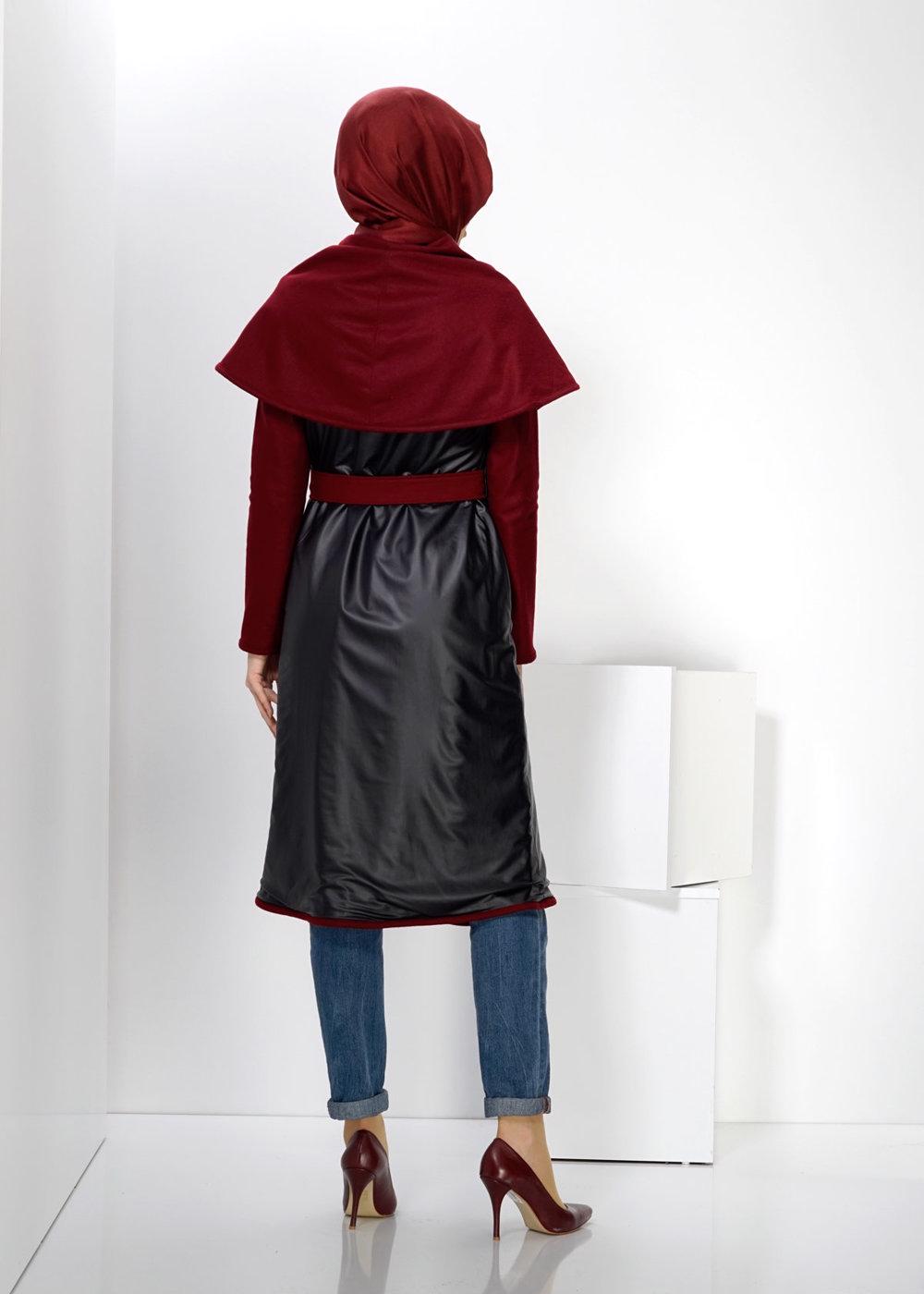 Tesettür giyim BORDO DERİ DETAYLI KUŞAKLI KABAN 9313