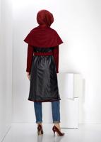 Tesettür giyim BORDO DERİ DETAYLI KUŞAKLI KABAN 9313