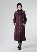 Tesettür giyim BORDO KAPÜŞONLU ŞİŞME KABAN 9361