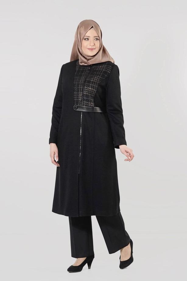 Vêtements hijab NOIR CABAN ZIPPÉ AVEC CEINTURE EN CUIR 9408  - TRENDTESETTÜR