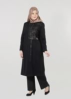 Hijab clothing BLACK ZIPPED LEATHER BELTED COAT 9408 