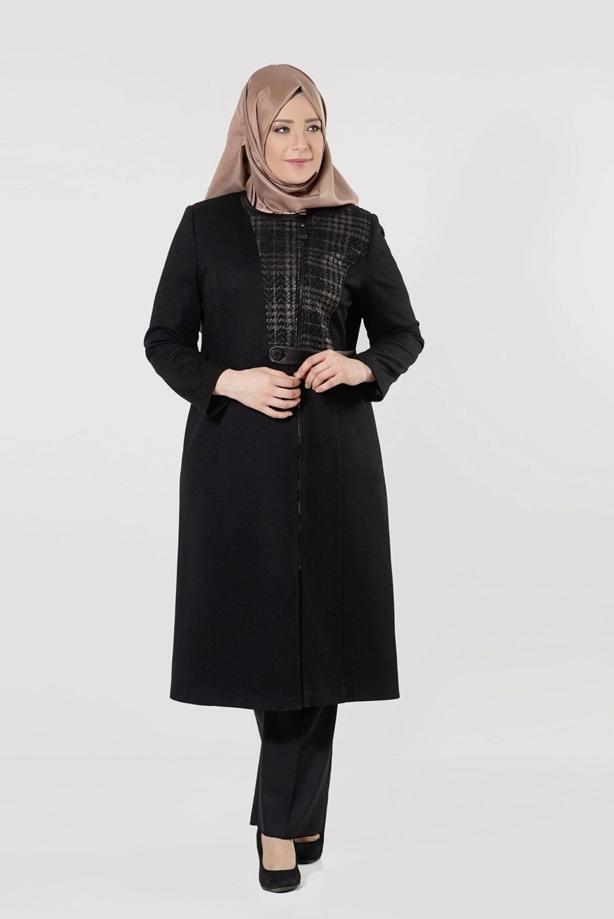 Vêtements hijab NOIR CABAN ZIPPÉ AVEC CEINTURE EN CUIR 9408  - TRENDTESETTÜR