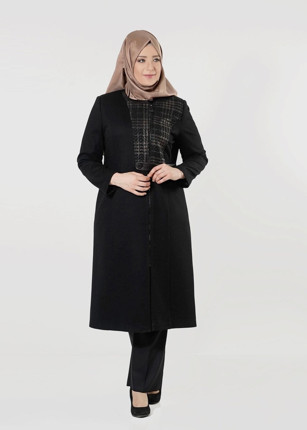 Hijab clothing BLACK ZIPPED LEATHER BELTED COAT 9408 