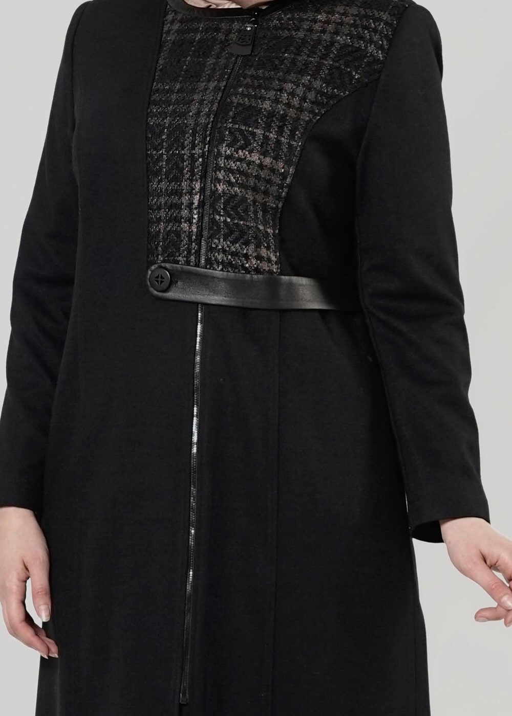 Hijab clothing BLACK ZIPPED LEATHER BELTED COAT 9408 