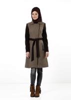Tesettür giyim KAHVE ALVİNA BELDEN KUŞAKLI KAZAYAĞI KABAN 9419