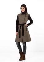 Tesettür giyim KAHVE ALVİNA BELDEN KUŞAKLI KAZAYAĞI KABAN 9419