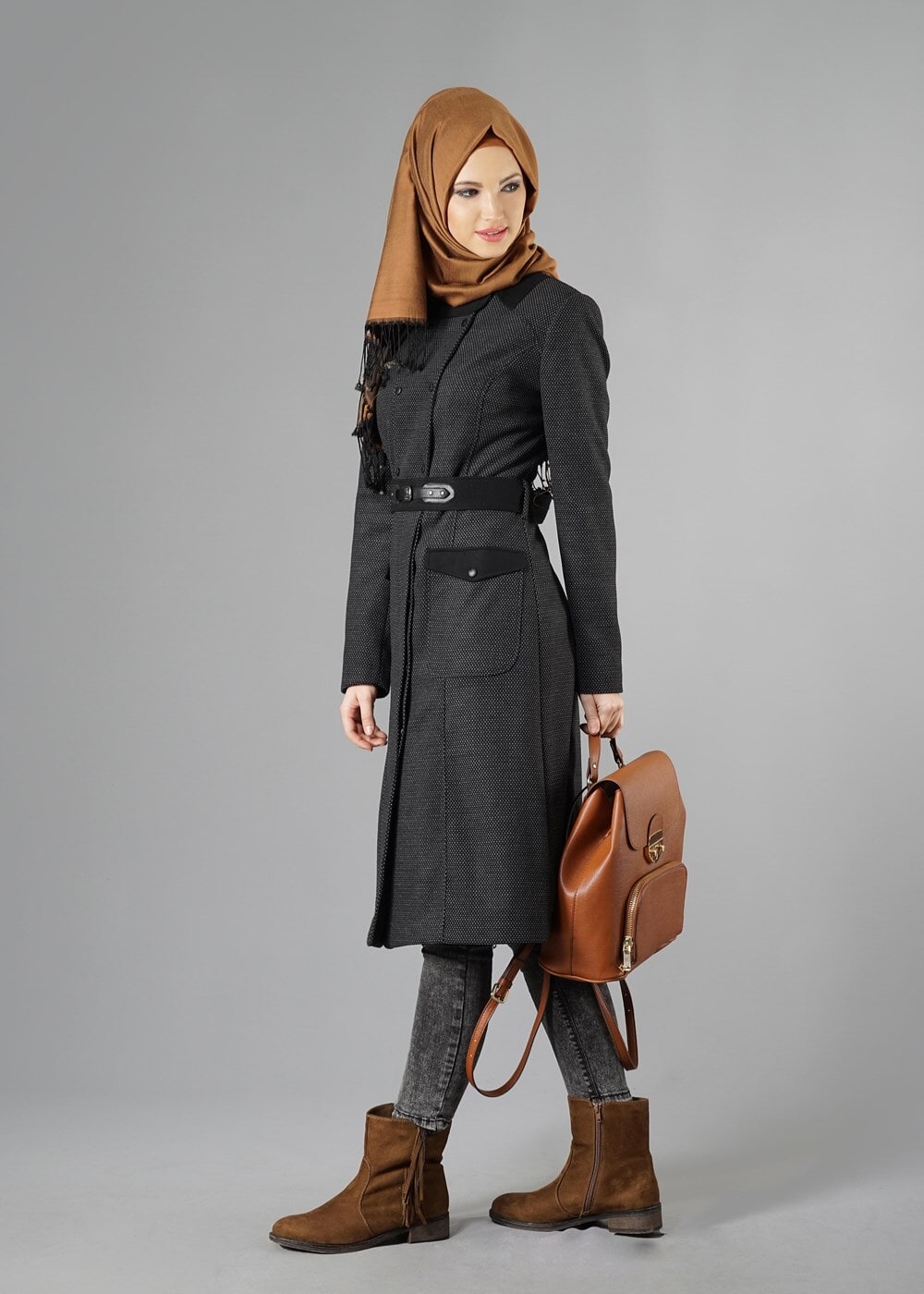 Tesettür giyim GRİ KEMERLİ CEPLİ KABAN 9429 