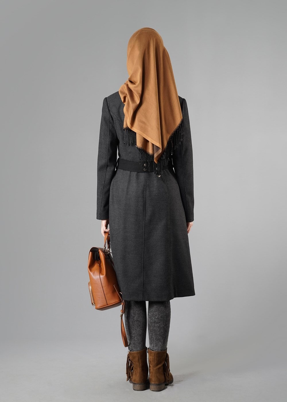 Tesettür giyim GRİ KEMERLİ CEPLİ KABAN 9429 