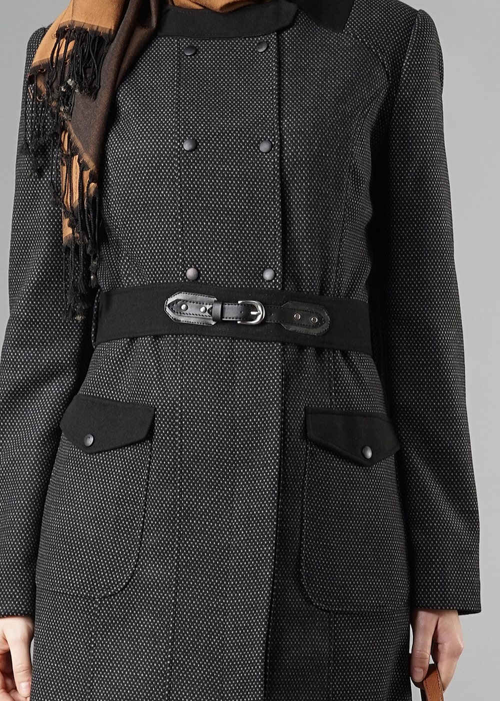 Tesettür giyim GRİ KEMERLİ CEPLİ KABAN 9429 