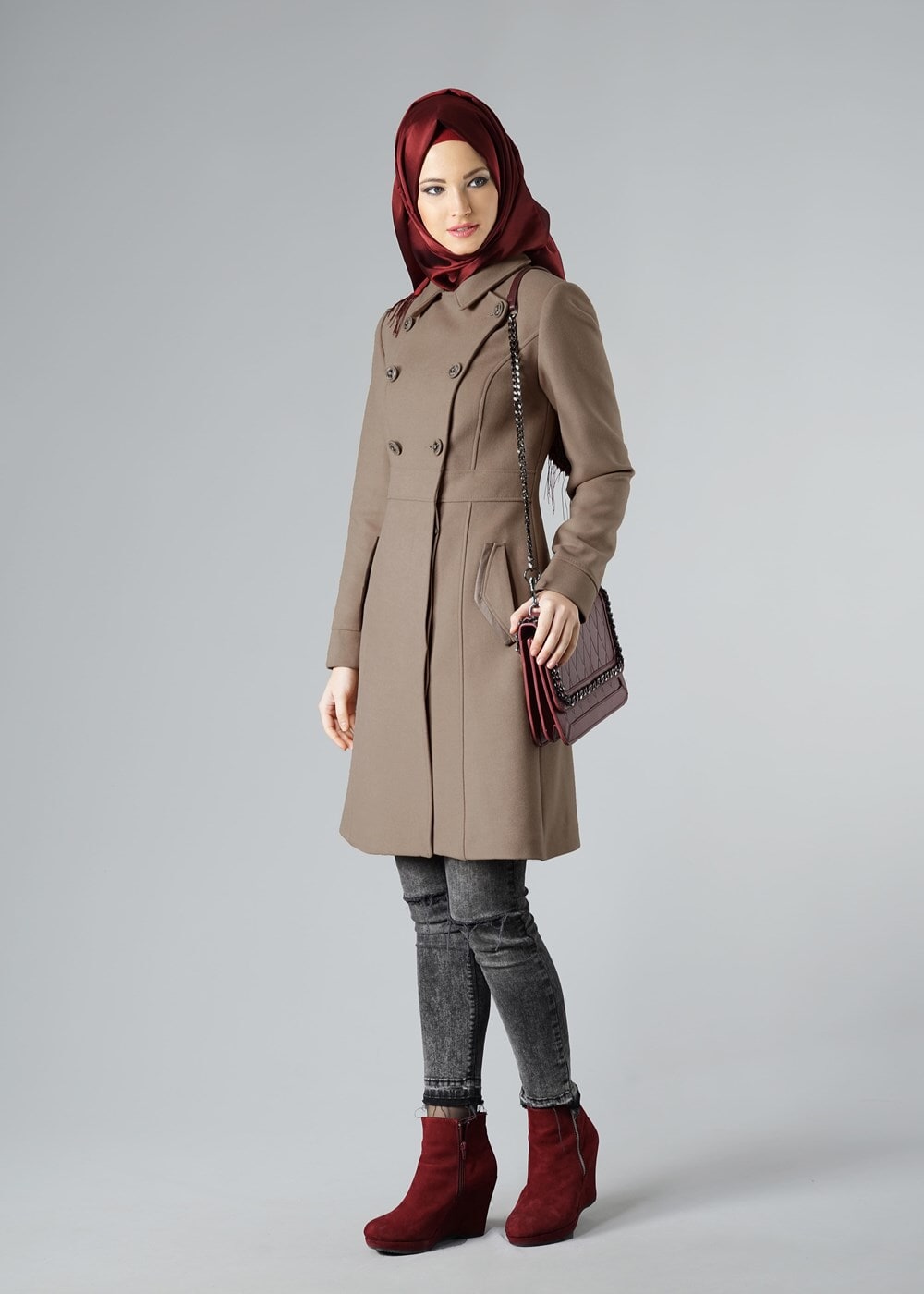 Tesettür giyim KAHVE KLASİK CEPLİ KABAN 9432
