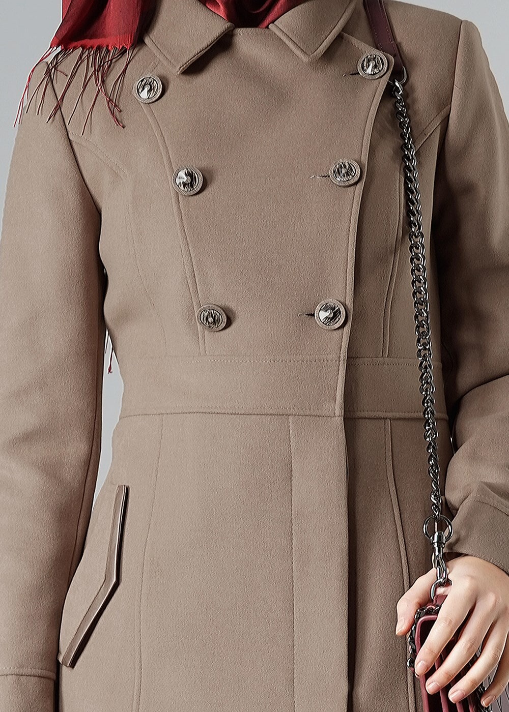 Tesettür giyim KAHVE KLASİK CEPLİ KABAN 9432