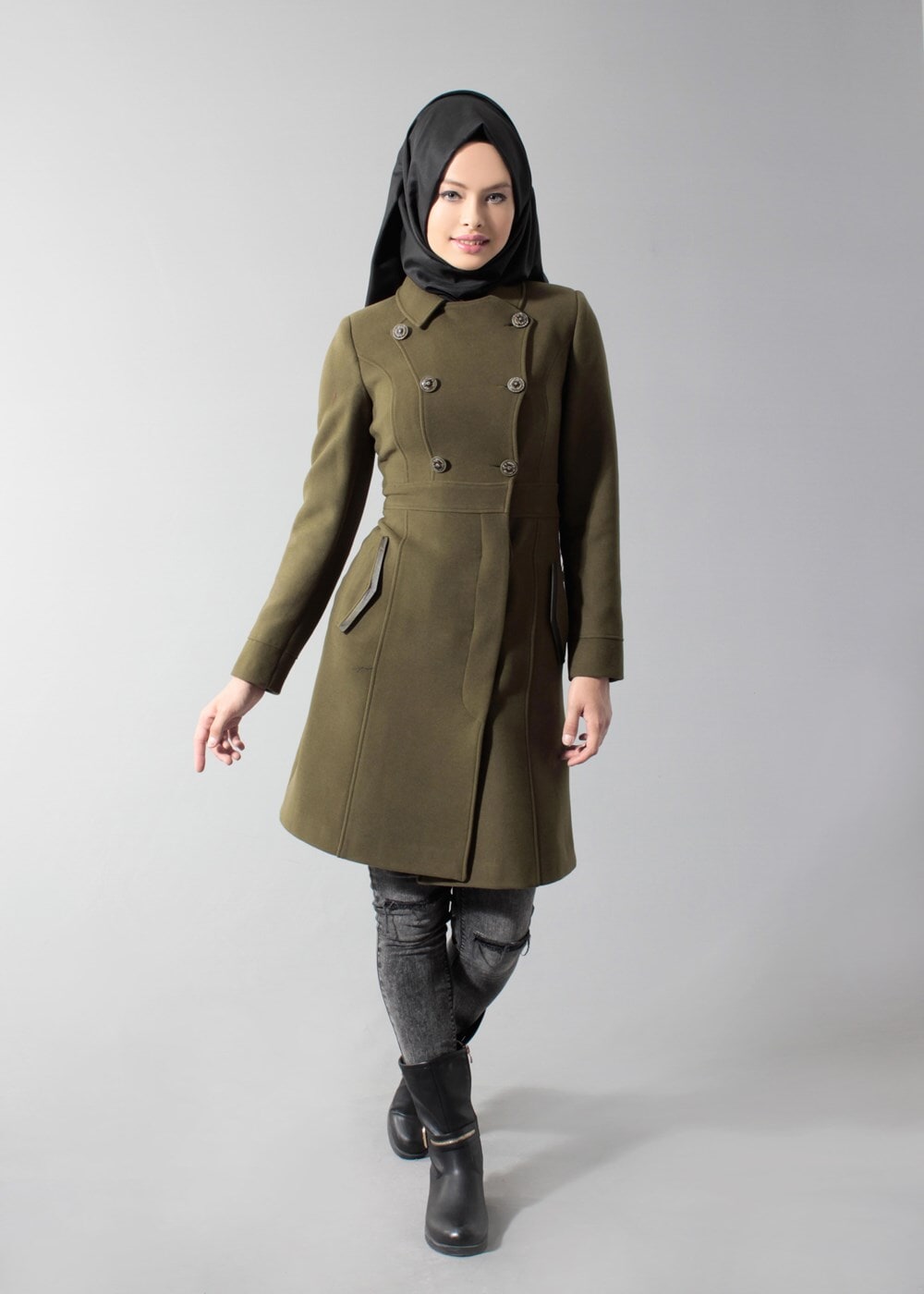 Tesettür giyim HAKİ KLASİK CEPLİ KABAN 9432