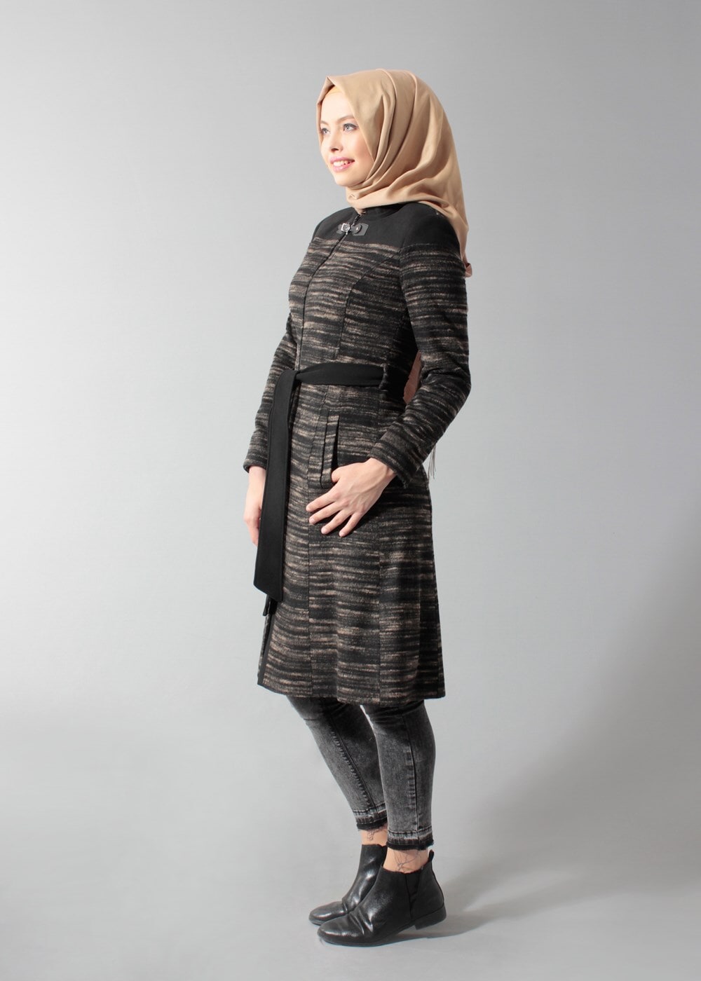 Tesettür giyim KAHVE FERMUARLI KUŞAKLI KABAN 9433