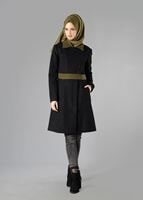 Tesettür giyim SİYAH SİVRİ YAKA KEMERLİ KABAN 9435