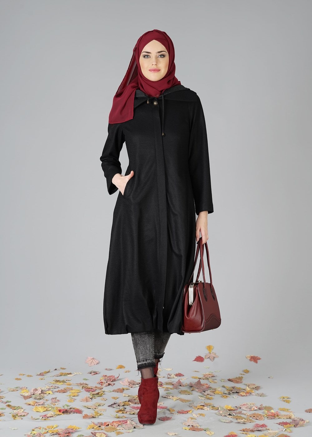 Hijab clothing BLACK ZIPPED FELT COAT 2110
