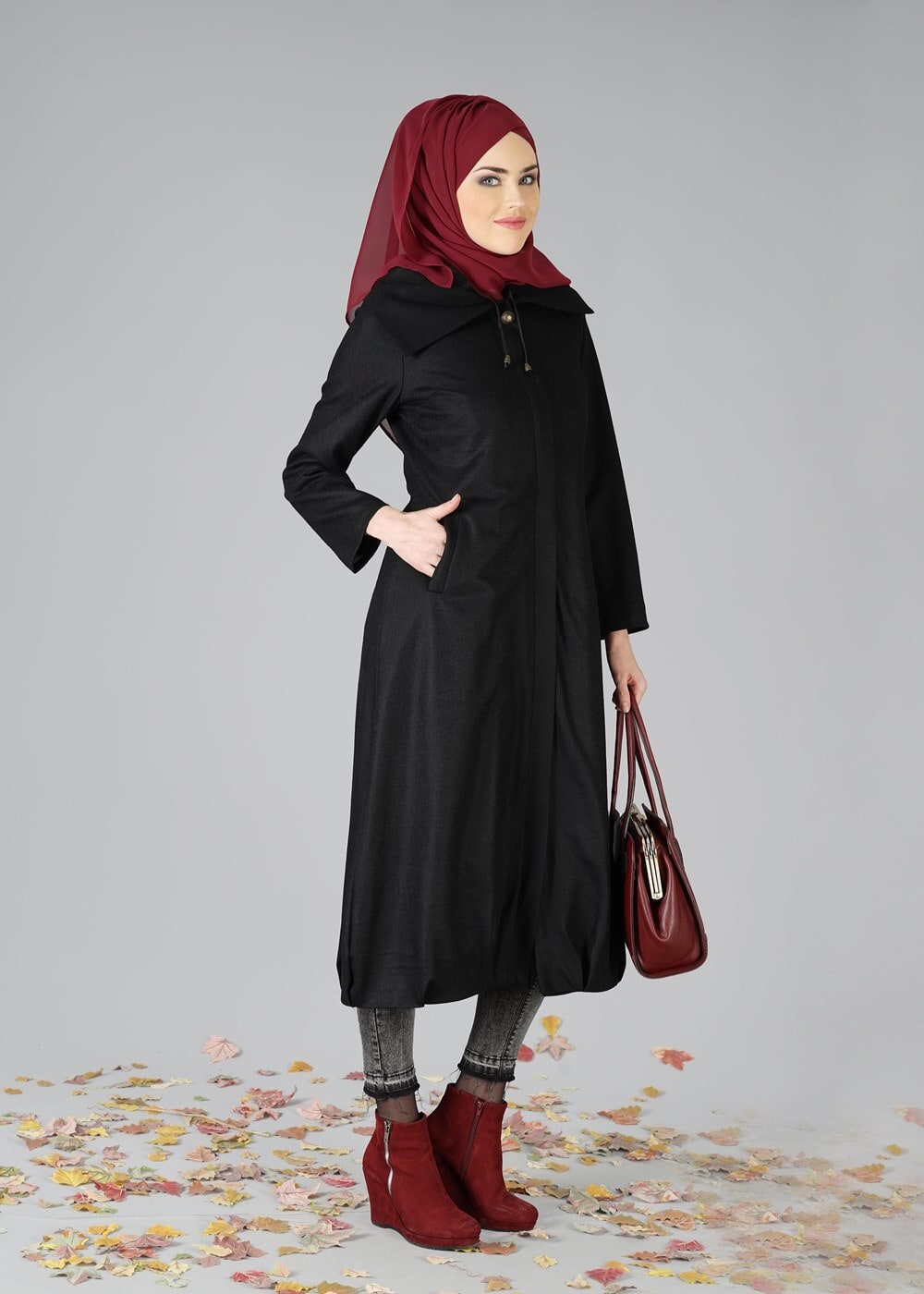 Hijab clothing BLACK ZIPPED FELT COAT 2110