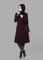 Vêtements hijab POURPRE CABAN DE FEUTRE AVEC CEINTURE  3466 