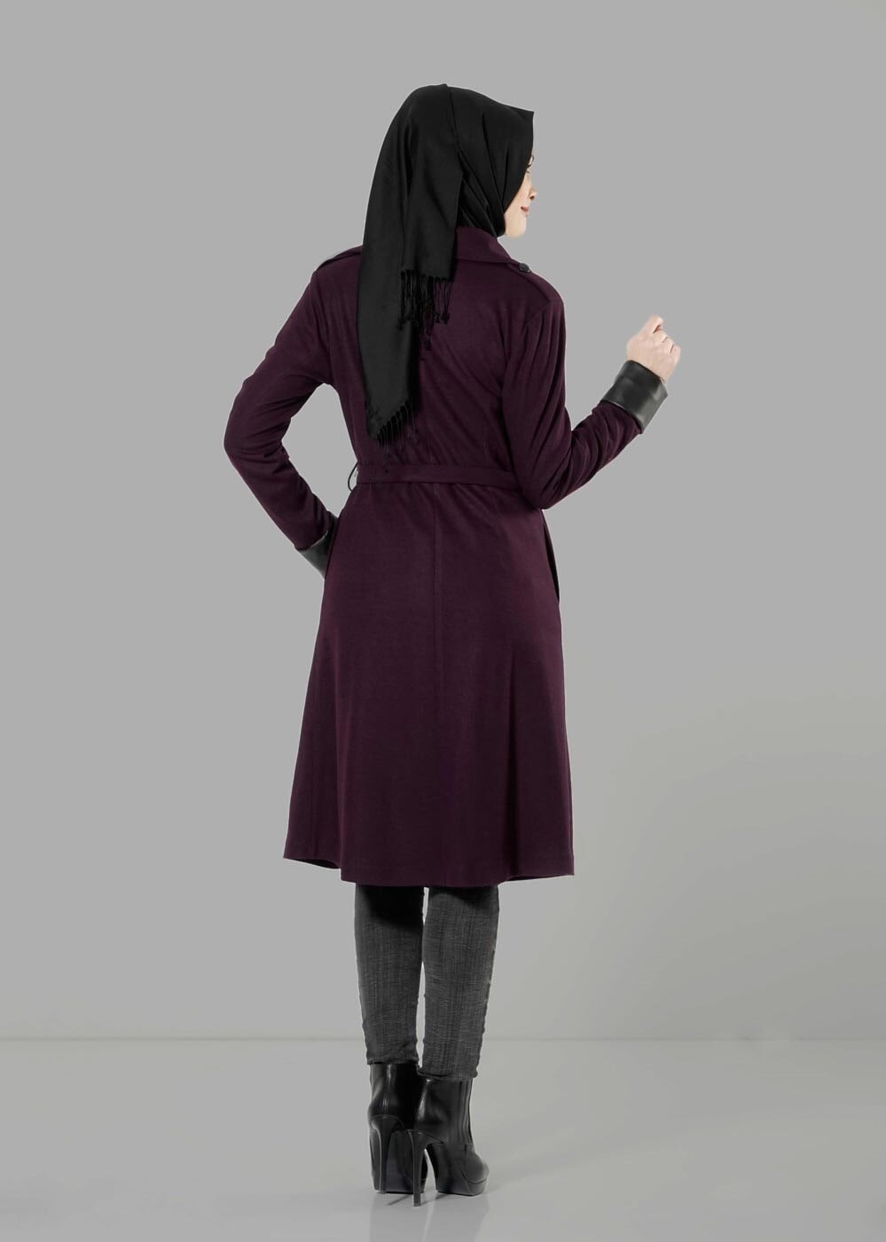 Vêtements hijab POURPRE CABAN DE FEUTRE AVEC CEINTURE  3466 