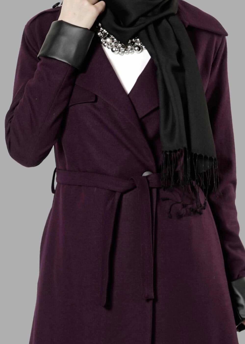 Vêtements hijab POURPRE CABAN DE FEUTRE AVEC CEINTURE  3466 